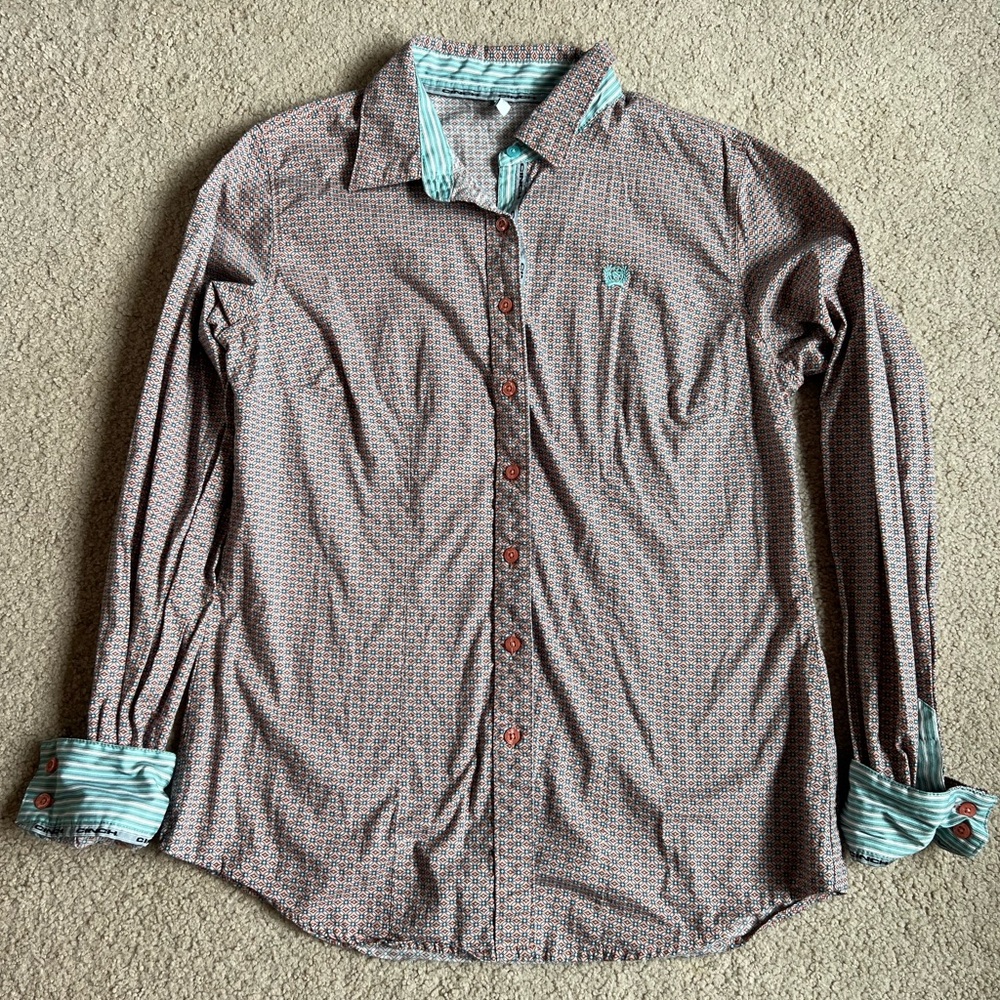 Cinch Peach Micro-Pattern Button Down with Teal Accent